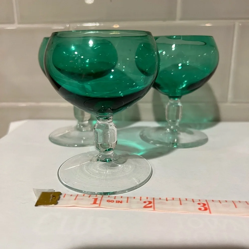 Mid century, Green glass, A lot of 4, clear stem small shot/ sip glasses